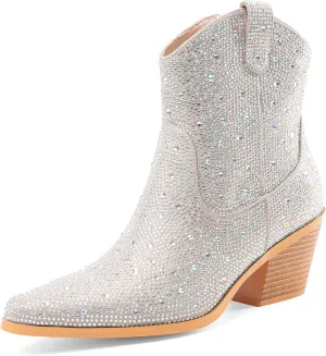 Oh Mispares Women's Sparkly Glitter Rhinestone Cowboy Ankle Boots Western Pointed Toe Low Block Heel Cowgirl Booties with Zipper