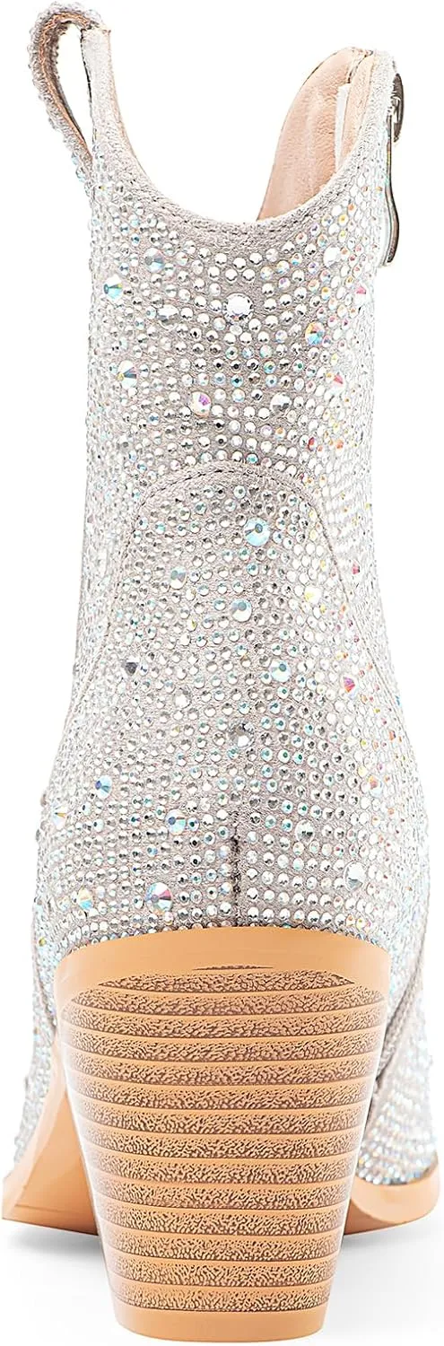 Oh Mispares Women's Sparkly Glitter Rhinestone Cowboy Ankle Boots Western Pointed Toe Low Block Heel Cowgirl Booties with Zipper