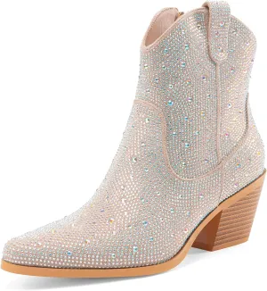 Oh Mispares Women's Sparkly Glitter Rhinestone Cowboy Ankle Boots Western Pointed Toe Low Block Heel Cowgirl Booties with Zipper