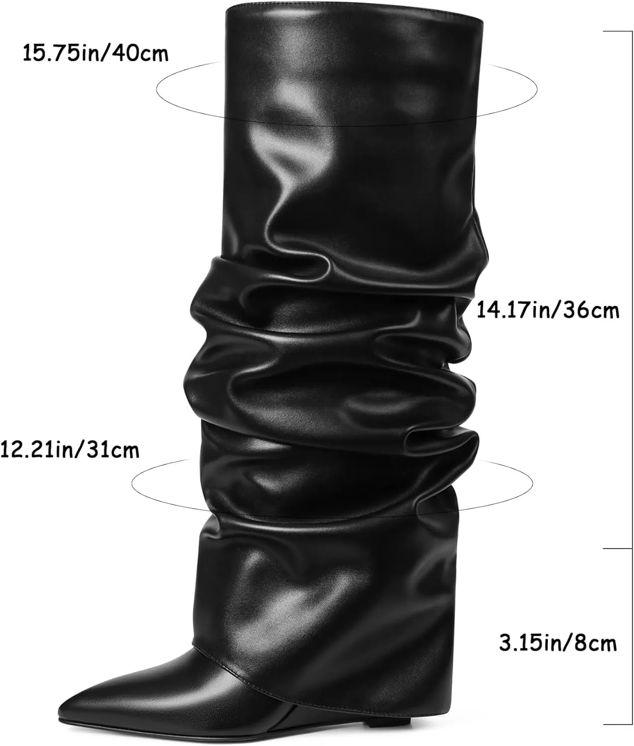 Oiamenne Women's Fold Over Boots Slouch Knee High Boots for Women Wedge Heel Pointed Toe Tall Boot, Wide Calf, Pull-on