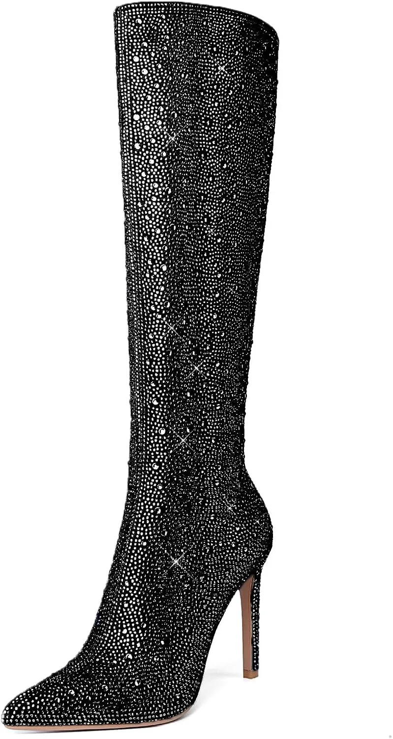 olomisa Sparkly Boots for Women, Rhinestone Knee High Boots Pointed Toe Stiletto Heeled Ankle Booties Bling Sparkling Boots