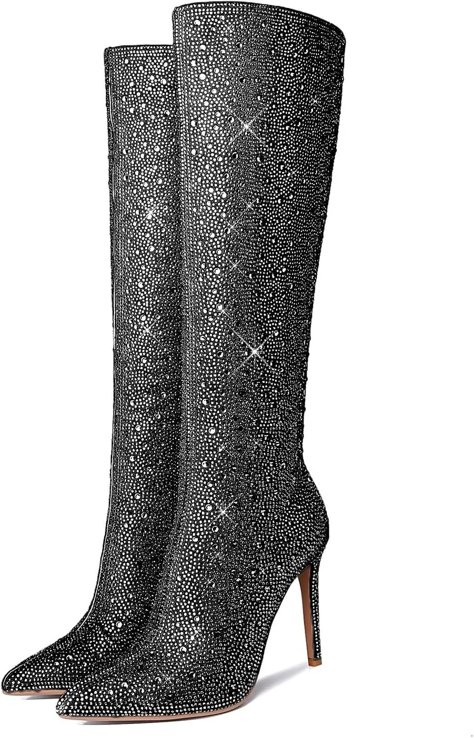 olomisa Sparkly Boots for Women, Rhinestone Knee High Boots Pointed Toe Stiletto Heeled Ankle Booties Bling Sparkling Boots