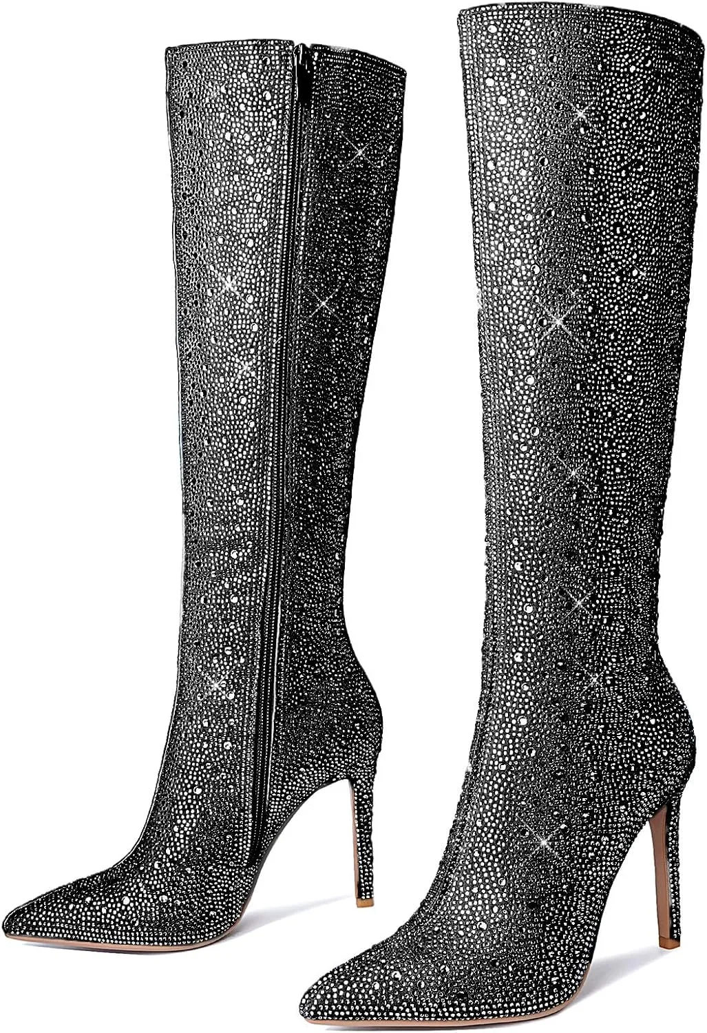 olomisa Sparkly Boots for Women, Rhinestone Knee High Boots Pointed Toe Stiletto Heeled Ankle Booties Bling Sparkling Boots