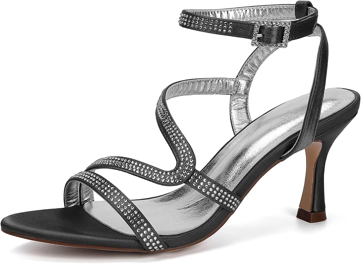 Open Toe Wedding Heels S Strap Women's Sandals Rhinestones Slingback Bridal Shoes Evening Formal Party Kitten Heel Ankle Buckle Strap Pump Satin