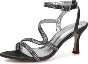 Open Toe Wedding Heels S Strap Women's Sandals Rhinestones Slingback Bridal Shoes Evening Formal Party Kitten Heel Ankle Buckle Strap Pump Satin