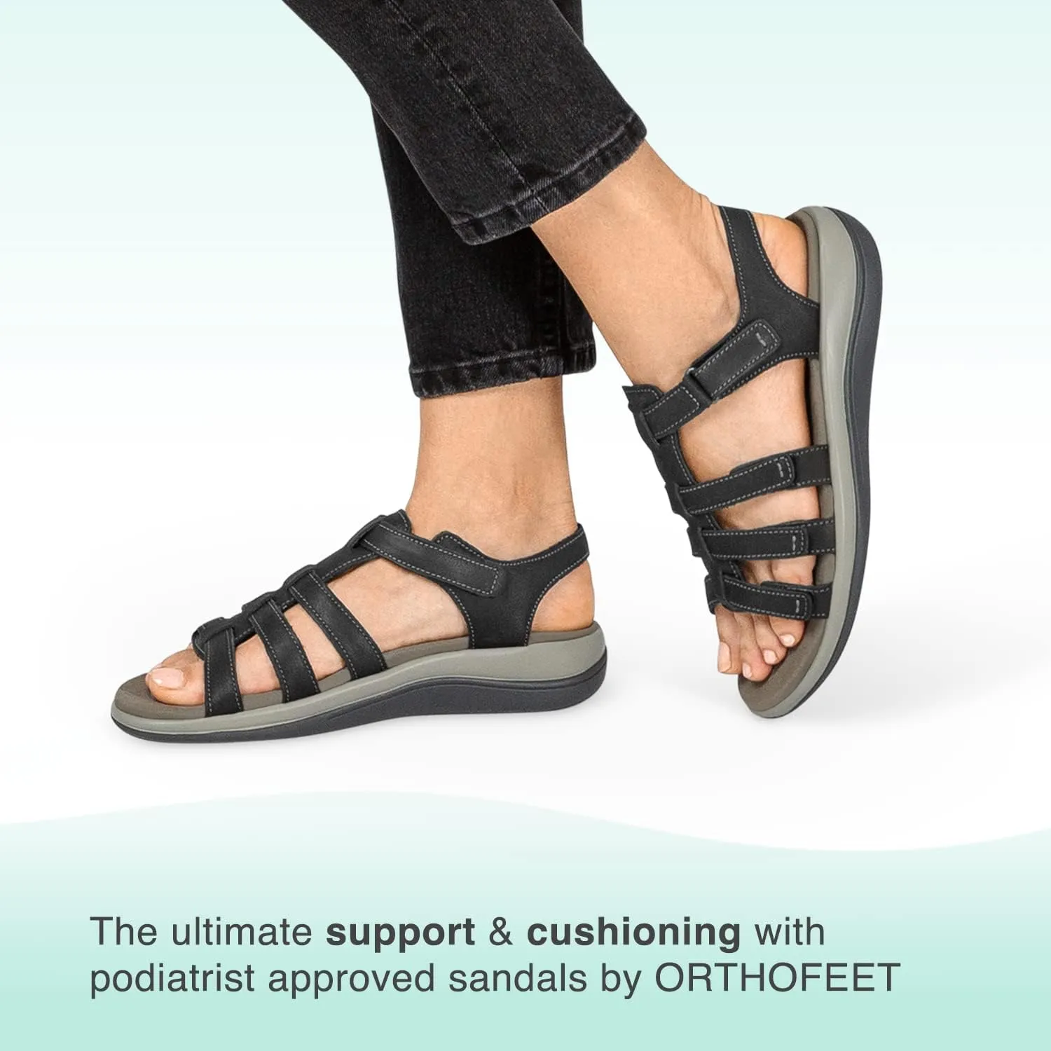 Orthofeet Women's Orthopedic Black Leather Amalfi Adjustable Sandals, Size 8