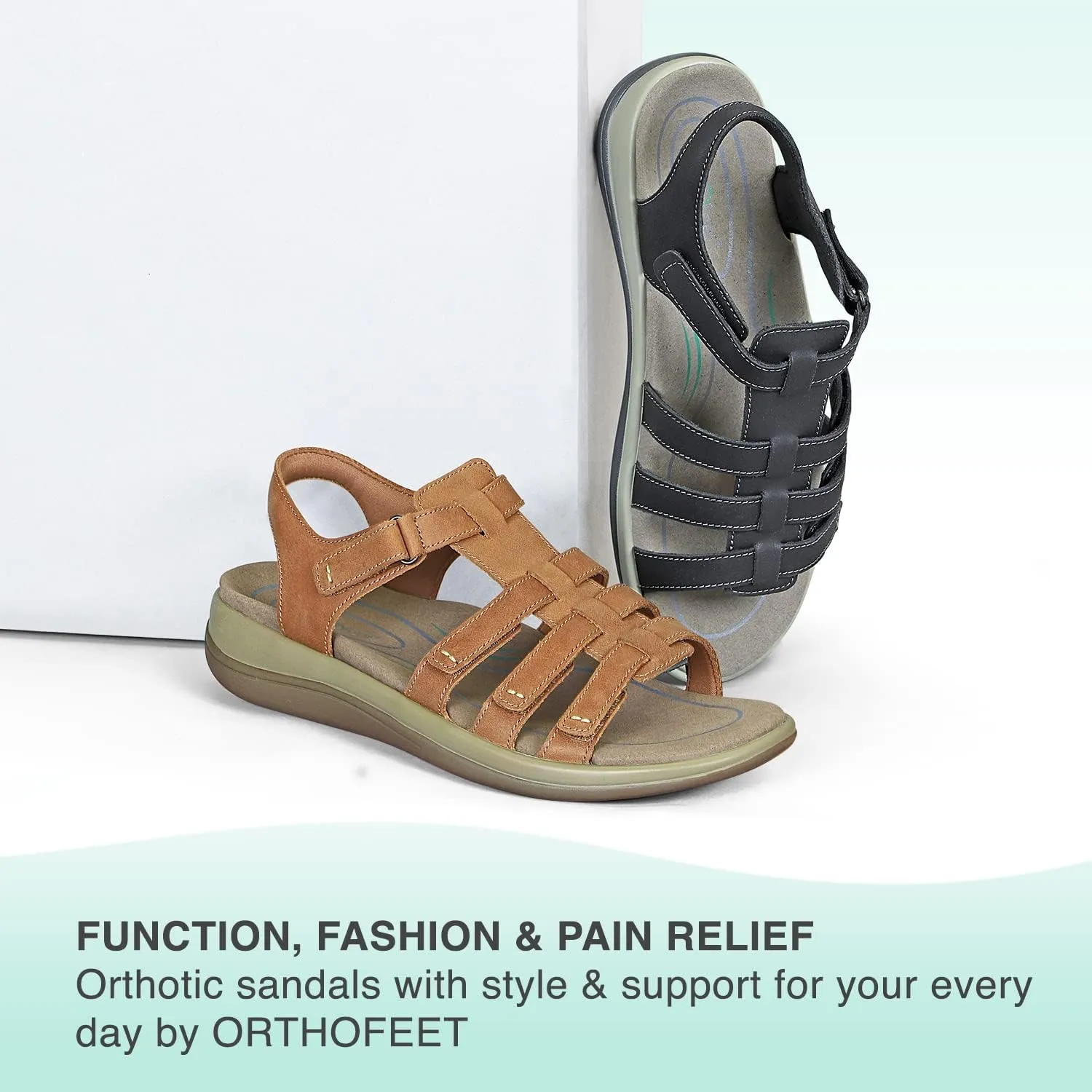 Orthofeet Women's Orthopedic Black Leather Amalfi Adjustable Sandals, Size 8