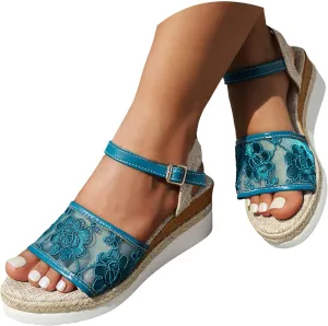 Orthopedic Espadrilles Woven Wedge Sandals for Women 2025 Summer Casual Fashionable Open Toe Backless Lace Flower Bohemian Sandals Lightweight Summer Espadrille Sole Strap Casual Vacation Footwear