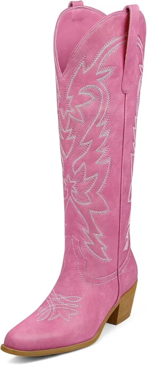 Ouepiano Cowboy Boots for Women Cowgirl Knee High Boots with Classic Embroidered Pull On & Side Zipper Pointed Toe Chunky Heel Vintage Country Western Botas