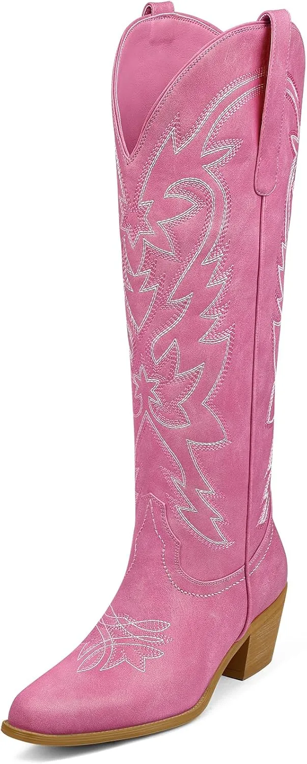 Ouepiano Cowboy Boots for Women Cowgirl Knee High Boots with Classic Embroidered Pull On & Side Zipper Pointed Toe Chunky Heel Vintage Country Western Botas