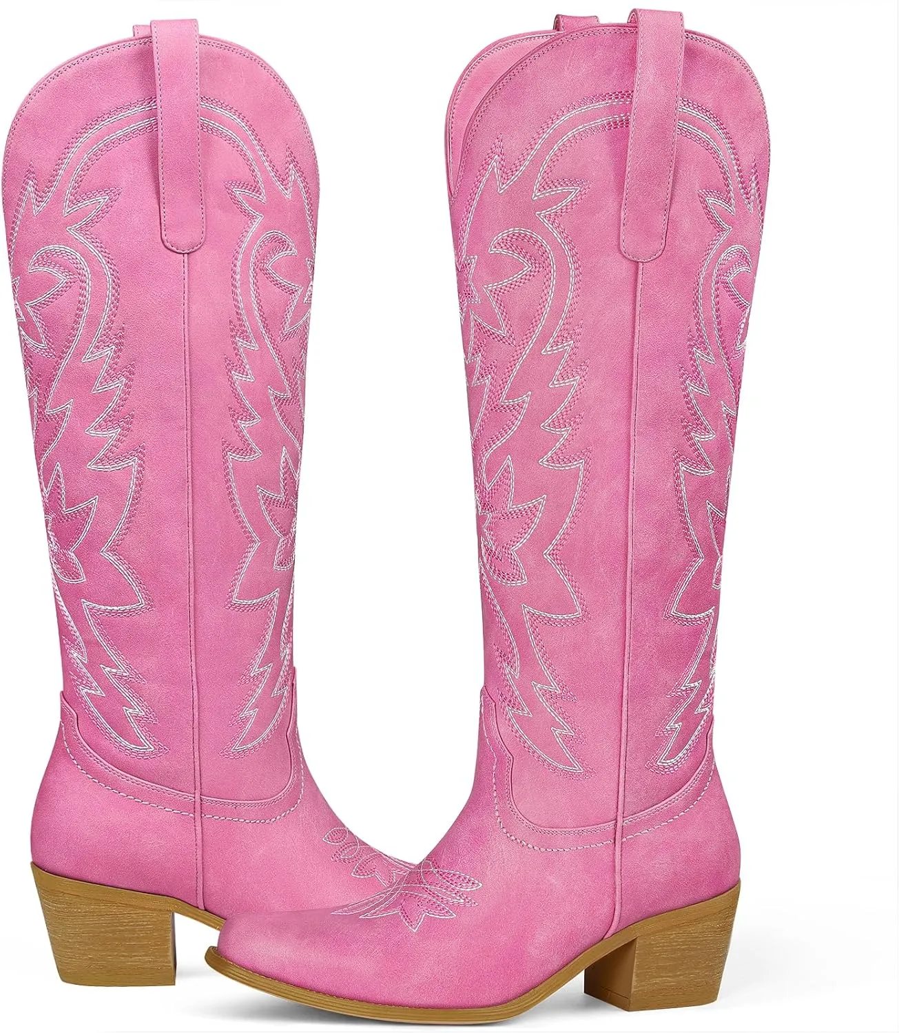 Ouepiano Cowboy Boots for Women Cowgirl Knee High Boots with Classic Embroidered Pull On & Side Zipper Pointed Toe Chunky Heel Vintage Country Western Botas