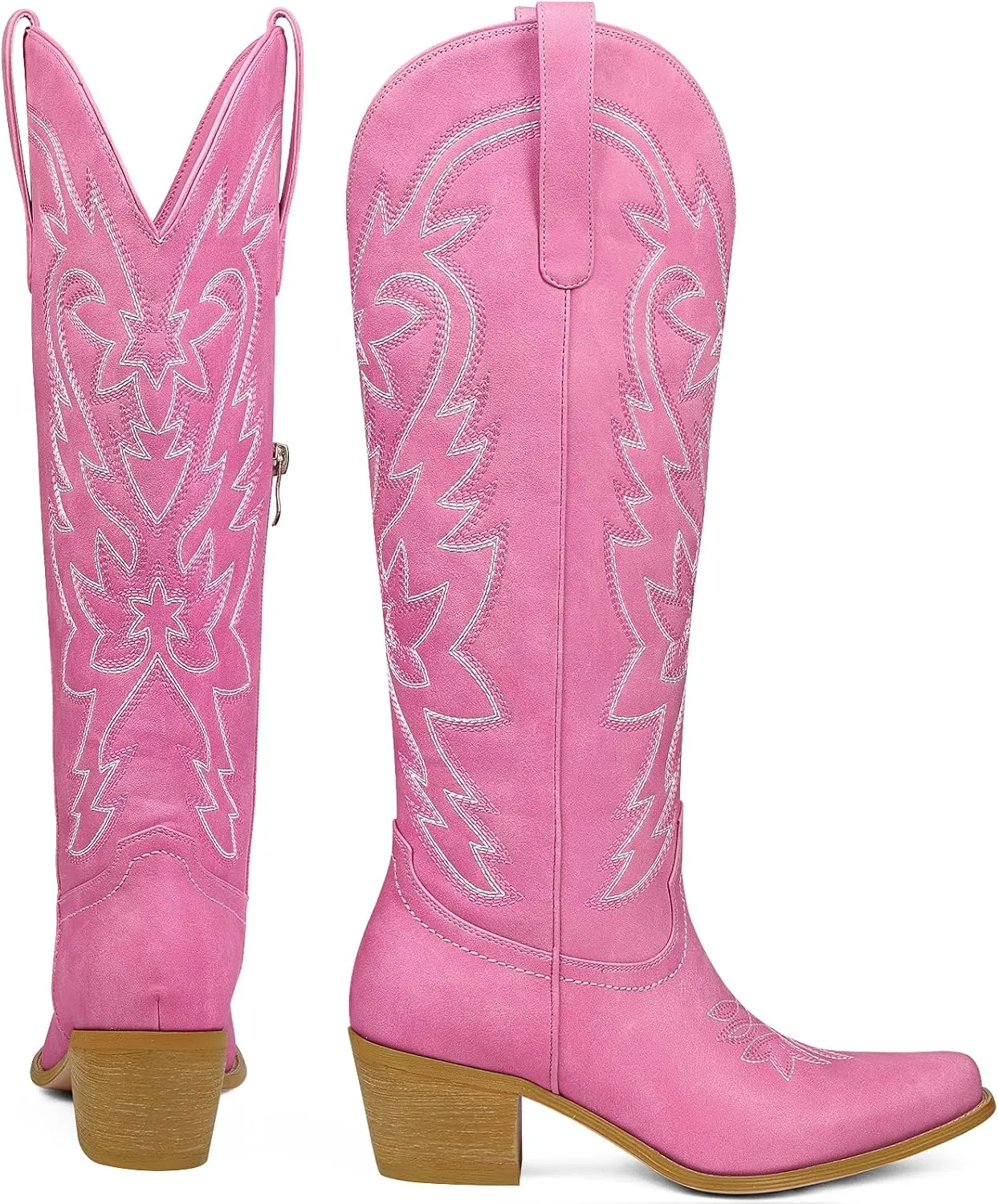 Ouepiano Cowboy Boots for Women Cowgirl Knee High Boots with Classic Embroidered Pull On & Side Zipper Pointed Toe Chunky Heel Vintage Country Western Botas