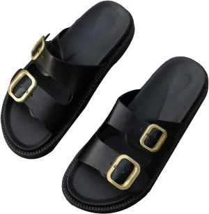 OYOANGLE Women's Adjustable Double Buckle Open Toe Footbed Sandals Comfortable Outdoor Platform Sandals