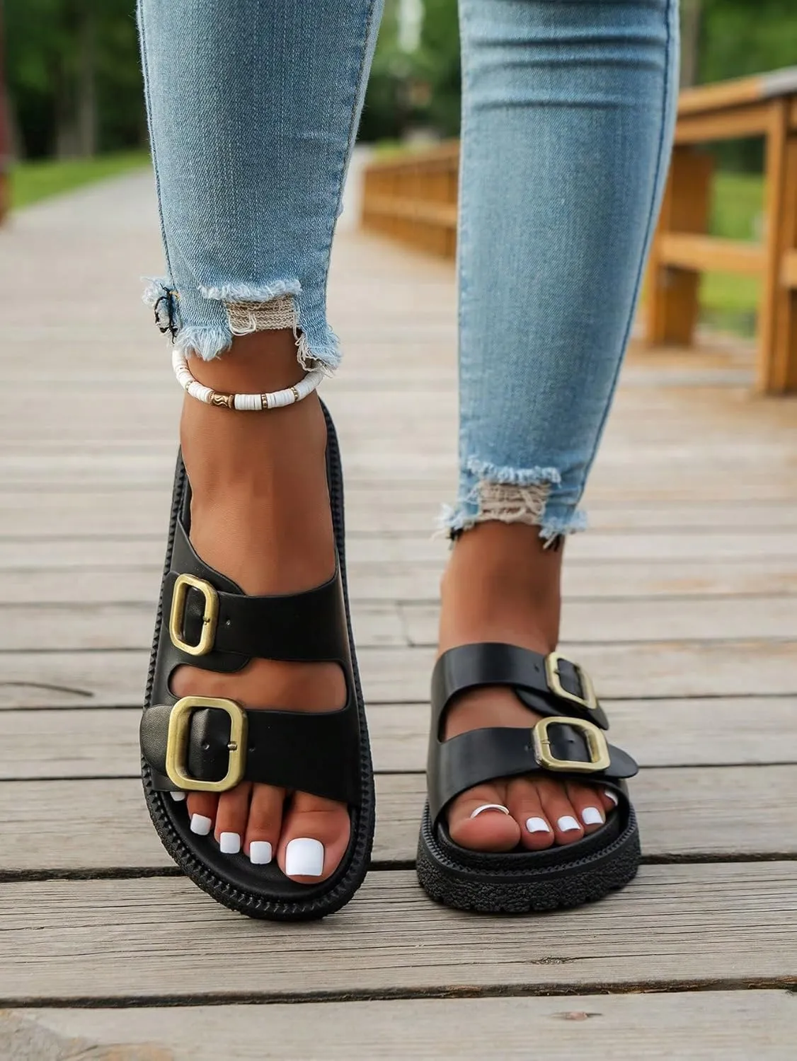 OYOANGLE Women's Adjustable Double Buckle Open Toe Footbed Sandals Comfortable Outdoor Platform Sandals