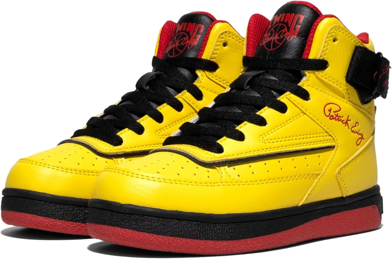 PATRICK EWING ATHLETICS KIDS PRE-SCHOOL 33 HI Orion Yellow/Black/Red – Retro Style, Reversible Ankle Strap, Durable Synthetic Upper