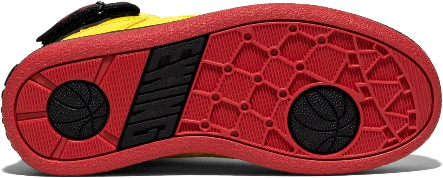 PATRICK EWING ATHLETICS KIDS PRE-SCHOOL 33 HI Orion Yellow/Black/Red – Retro Style, Reversible Ankle Strap, Durable Synthetic Upper