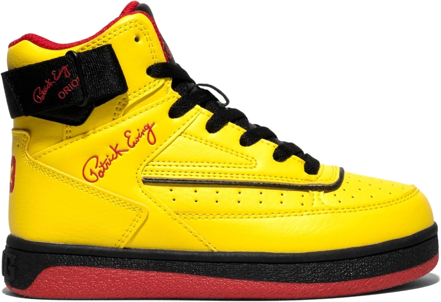 PATRICK EWING ATHLETICS KIDS PRE-SCHOOL 33 HI Orion Yellow/Black/Red – Retro Style, Reversible Ankle Strap, Durable Synthetic Upper