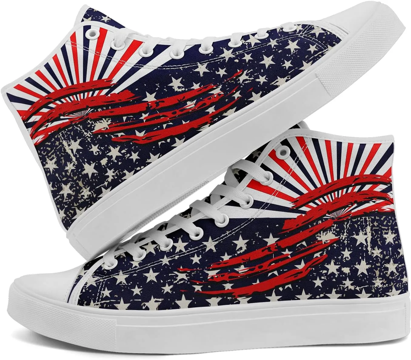 Patriotic American Flag High Top Canvas Shoes, Lightweight Lace-Up Fashion Sneakers, Casual Walking Shoes for Men & Women