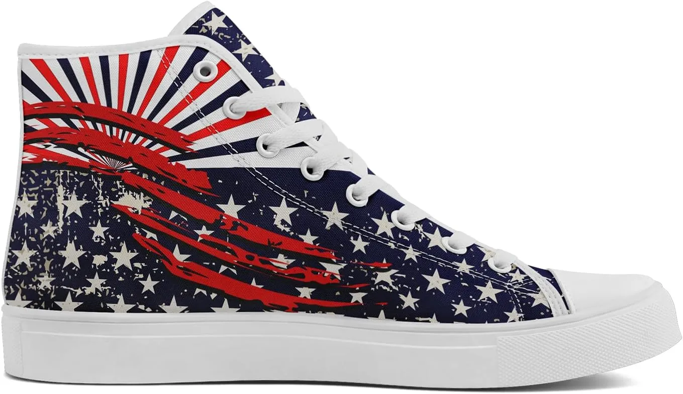 Patriotic American Flag High Top Canvas Shoes, Lightweight Lace-Up Fashion Sneakers, Casual Walking Shoes for Men & Women