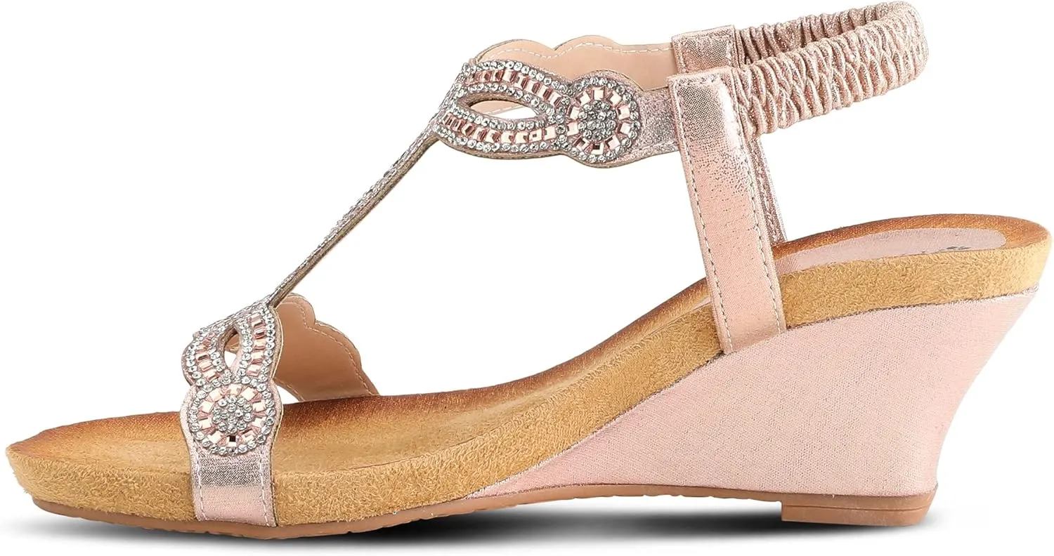 PATRIZIA Women’s Shining Slip-On Wedge Sandals – Crystal Embellished Cut-Out Design ladies slides with Comfy Silky Wrap and Flexible Rubber Sole