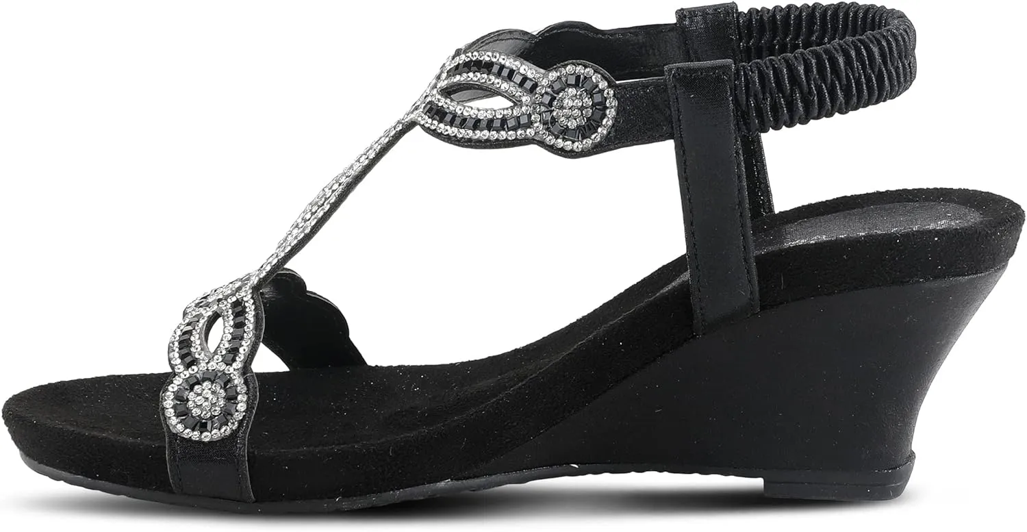 PATRIZIA Women’s Shining Slip-On Wedge Sandals – Crystal Embellished Cut-Out Design ladies slides with Comfy Silky Wrap and Flexible Rubber Sole