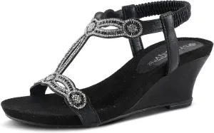 PATRIZIA Women’s Shining Slip-On Wedge Sandals – Crystal Embellished Cut-Out Design ladies slides with Comfy Silky Wrap and Flexible Rubber Sole