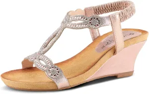 PATRIZIA Women’s Shining Slip-On Wedge Sandals – Crystal Embellished Cut-Out Design ladies slides with Comfy Silky Wrap and Flexible Rubber Sole