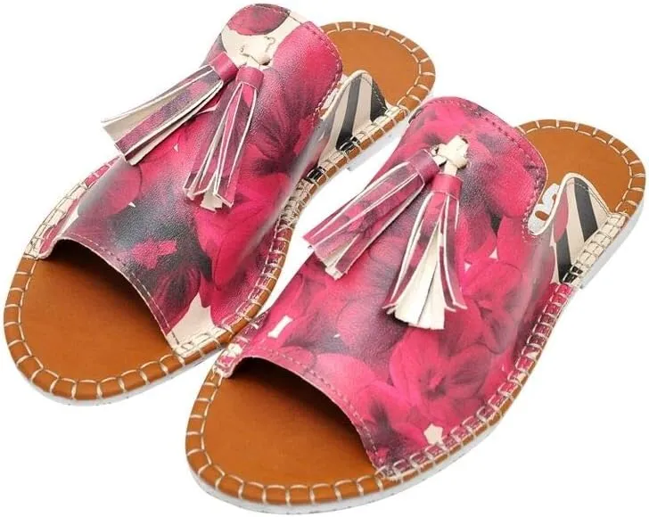 Personalize Your Life - Pine Vegan Printed Breathable Chic Summer Tassel Everyday Fashion Women Slippers Sandals - Flowers On My Shoes