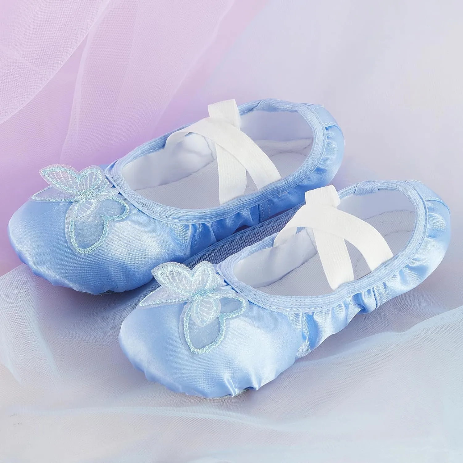 Phineein Enchanting Butterfly Ballet Shoes for Girls Ballerina Flats for Kids Dance - Soft Satin, Split Sole