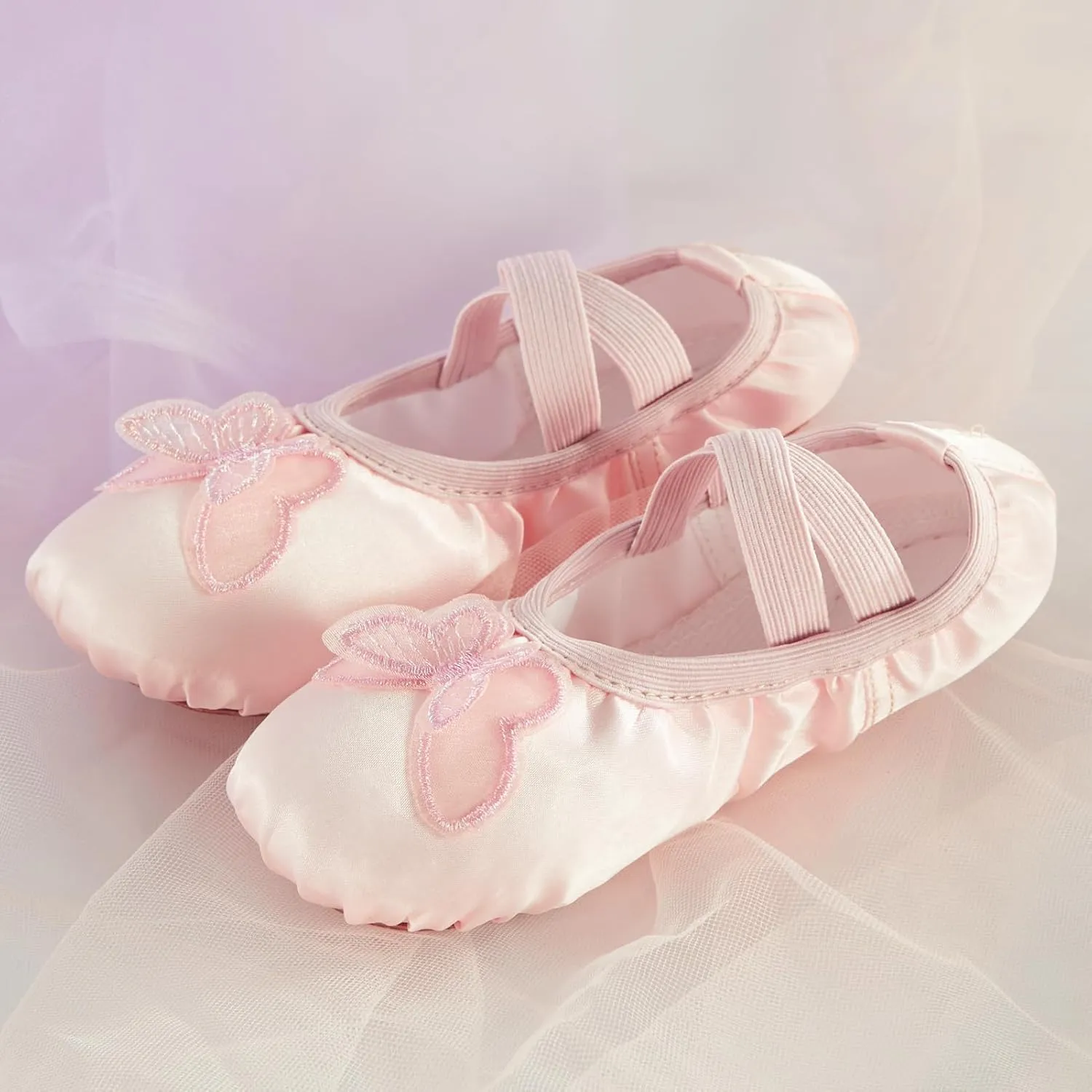 Phineein Enchanting Butterfly Ballet Shoes for Girls Ballerina Flats for Kids Dance - Soft Satin, Split Sole