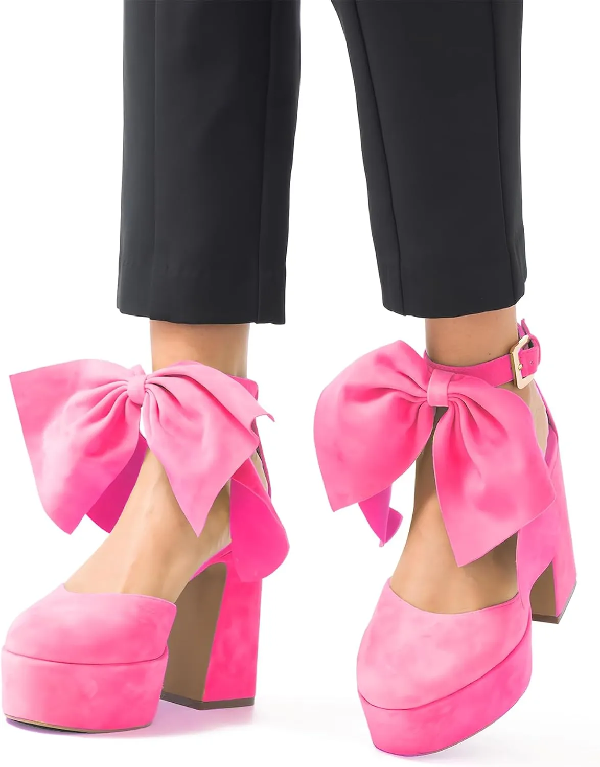 Platform Block Heel Sandals For Woman, Suede Bow Ankle Buckle High Heels, Round Toe Chunky Heeled Platform Sandals, Lovely Party Date Dress Heels For City Girls