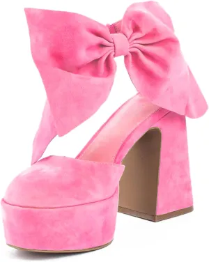 Platform Block Heel Sandals For Woman, Suede Bow Ankle Buckle High Heels, Round Toe Chunky Heeled Platform Sandals, Lovely Party Date Dress Heels For City Girls
