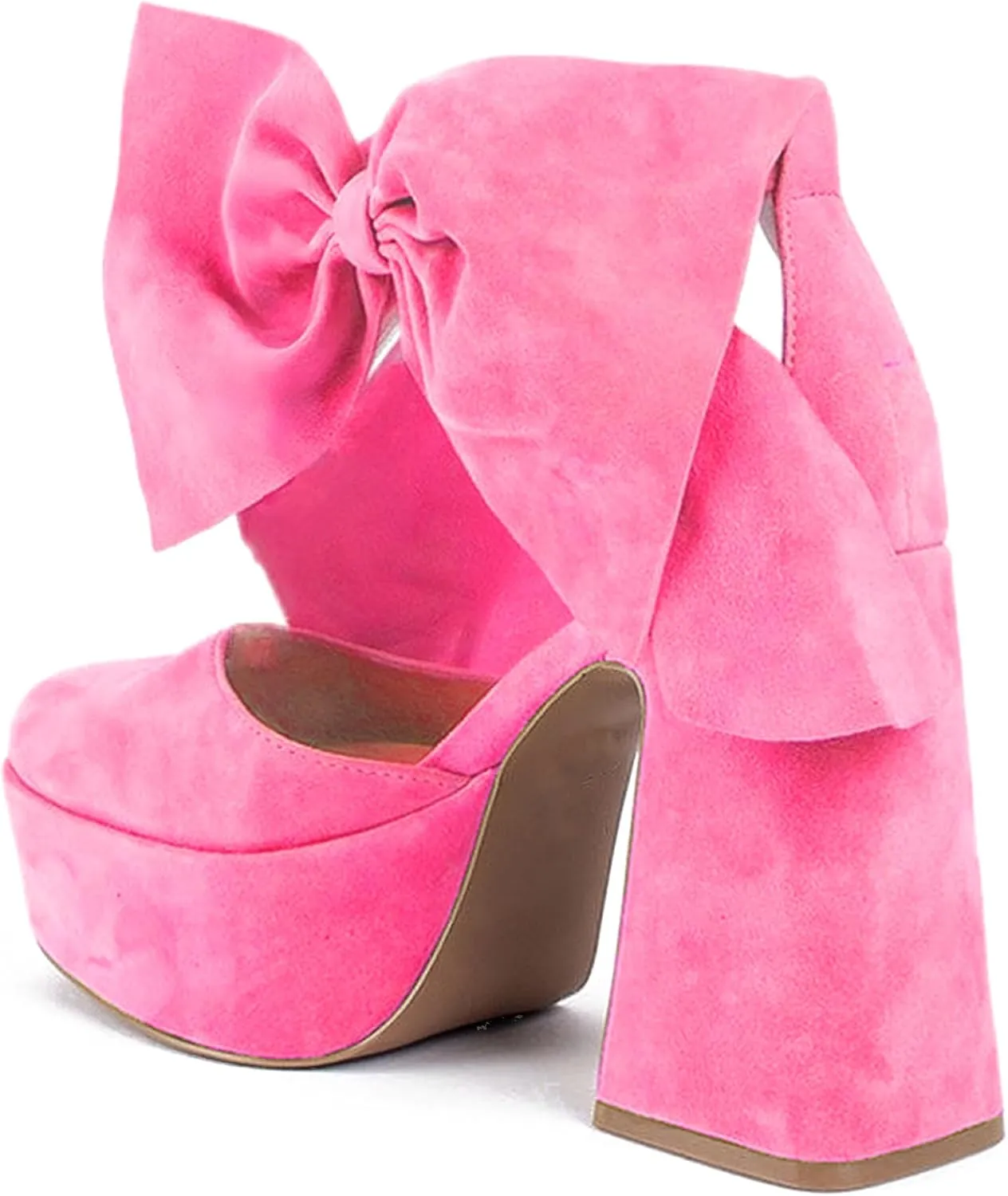 Platform Block Heel Sandals For Woman, Suede Bow Ankle Buckle High Heels, Round Toe Chunky Heeled Platform Sandals, Lovely Party Date Dress Heels For City Girls