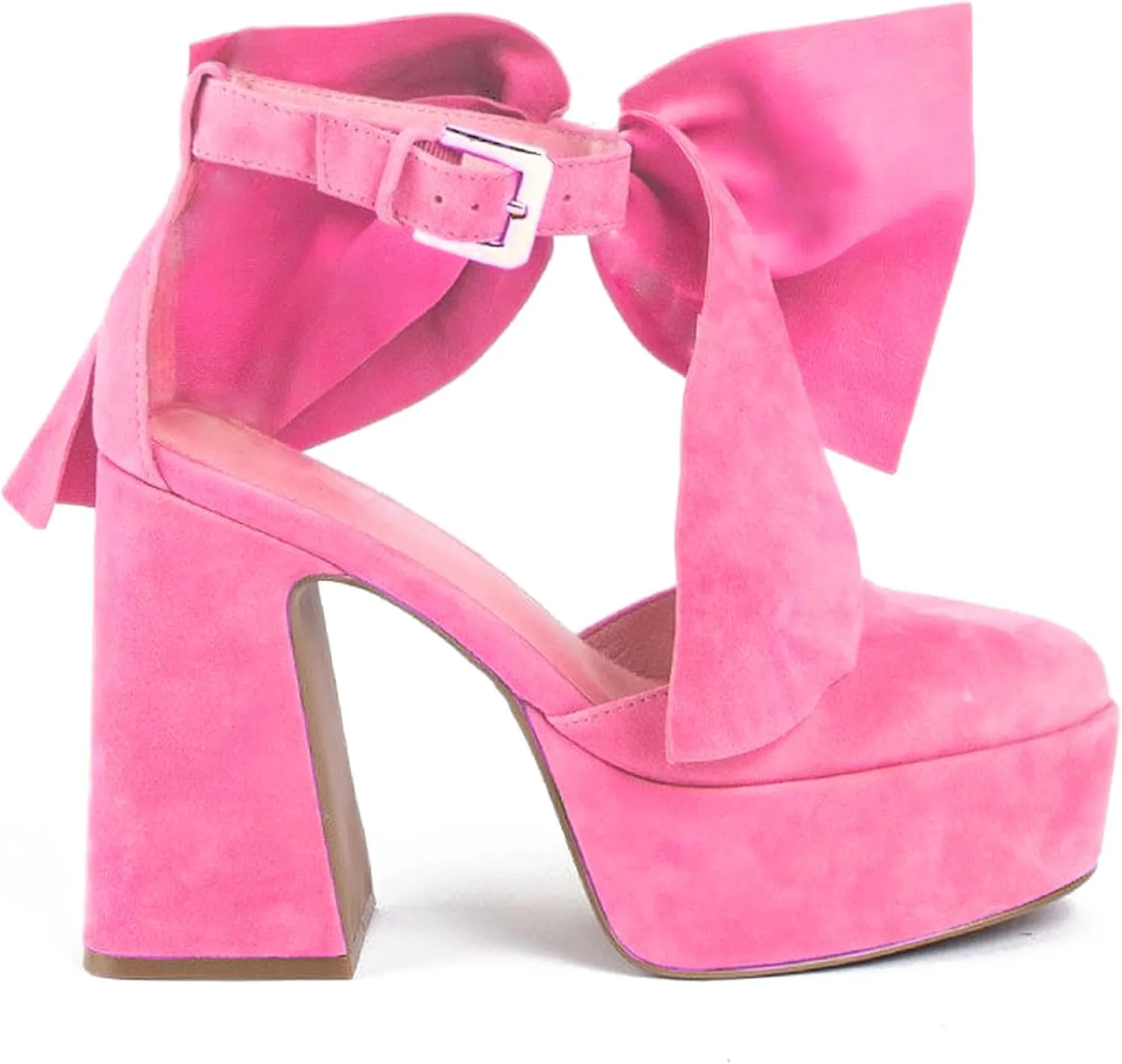Platform Block Heel Sandals For Woman, Suede Bow Ankle Buckle High Heels, Round Toe Chunky Heeled Platform Sandals, Lovely Party Date Dress Heels For City Girls