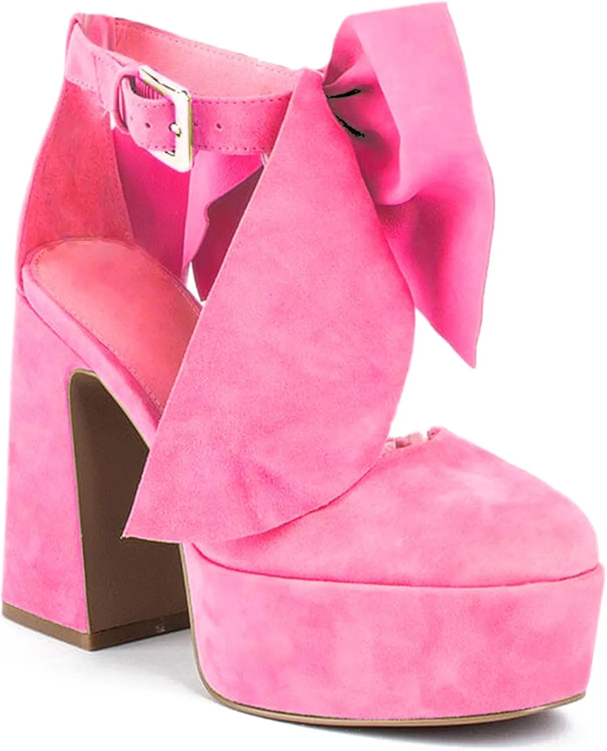 Platform Block Heel Sandals For Woman, Suede Bow Ankle Buckle High Heels, Round Toe Chunky Heeled Platform Sandals, Lovely Party Date Dress Heels For City Girls