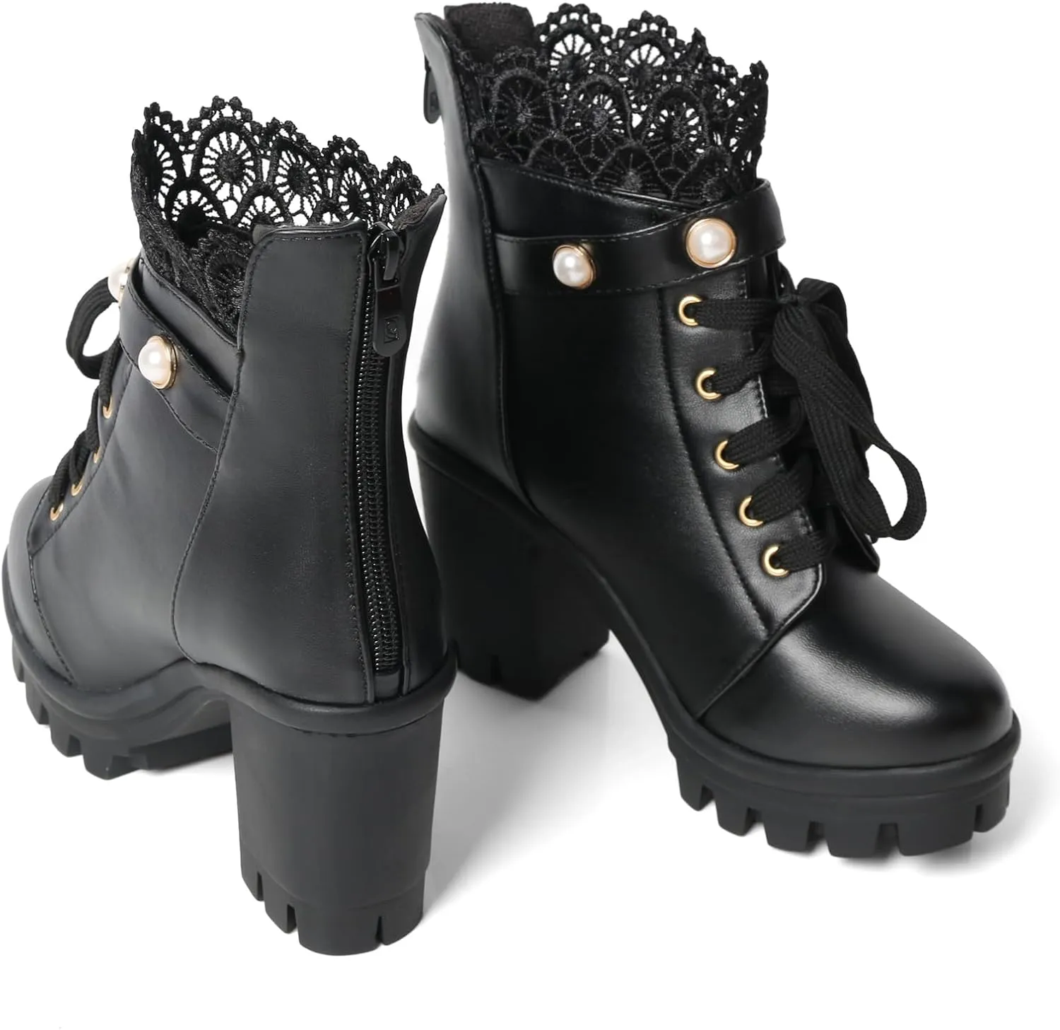 Platform Boots For Women Black Chunky Boot Goth Ankle Booties Bead Lace Lolita Dress Shoes With Zipper