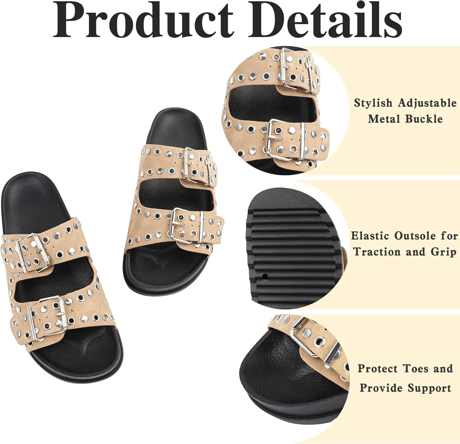 Platform Sandals Women，Womens Sandals-Studded Silde Sandals-Double Buckle Adjustable-Beach Sandals for Women-Flat Sandals Summer Vacation