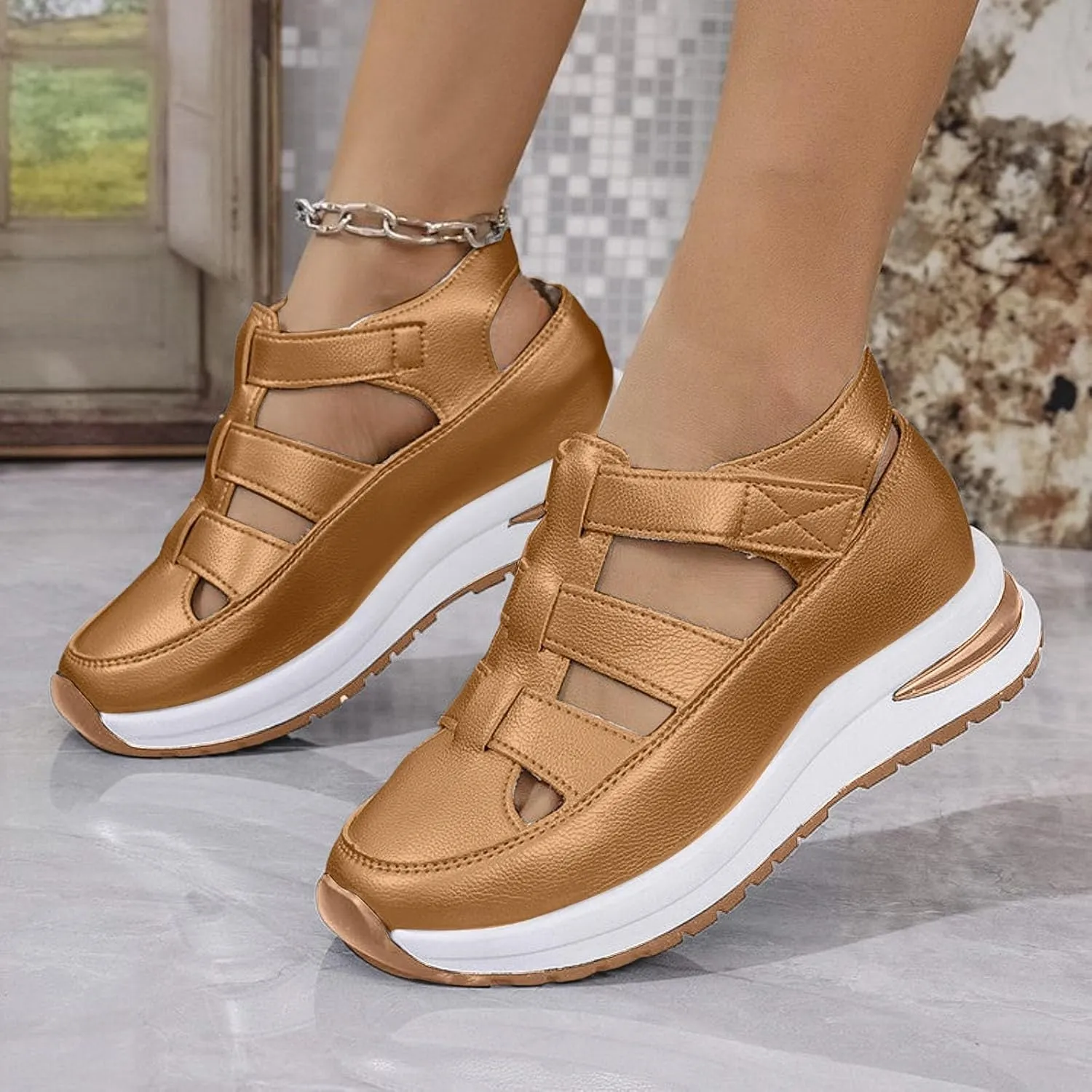 Platform Wedge Sandals for Women 2025 Dressy Soft Thick Sole Hollow Out Breathable Closed Toe Casual Sandals Adjustable Strap Sports Comfortable Shoes Lightweight Walking Shoes
