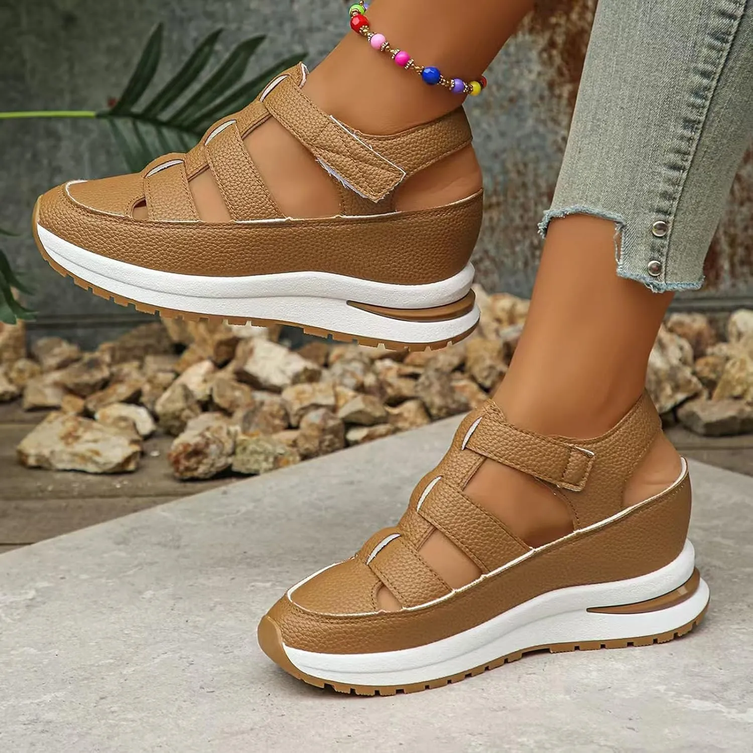 Platform Wedge Sandals for Women 2025 Dressy Soft Thick Sole Hollow Out Breathable Closed Toe Casual Sandals Adjustable Strap Sports Comfortable Shoes Lightweight Walking Shoes