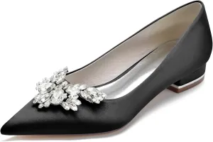 Pointed Toe Flats with Rhinestones Satin Wedding Shoes for Bride Flats Dress Shoes Pumps for Women