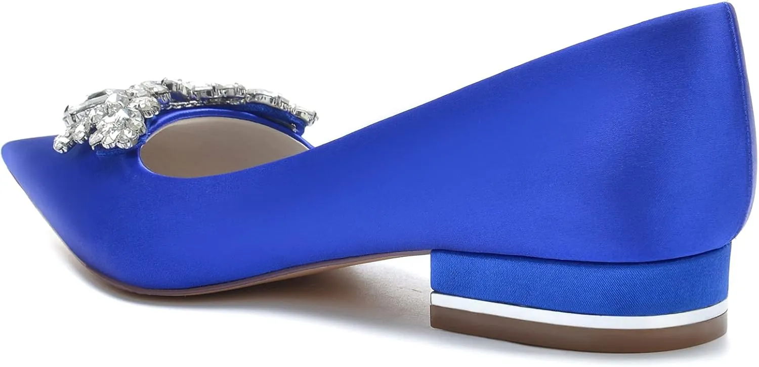 Pointed Toe Flats with Rhinestones Satin Wedding Shoes for Bride Flats Dress Shoes Pumps for Women