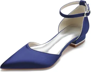 Pointed Toe Satin Wedding Flats Comfortable Wedding Shoes for Bride Low Heels Ankle Strap Bridal Flats Evening Prom Party Dress Shoes Pumps for Women