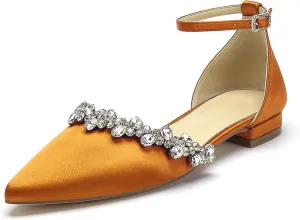 Pointed Toe Satin Wedding Flats for Bride Comfortable Rhinestones White Wedding Shoes Low Heels Bridal Flats Evening Prom Party Dress Shoes Pumps for Women