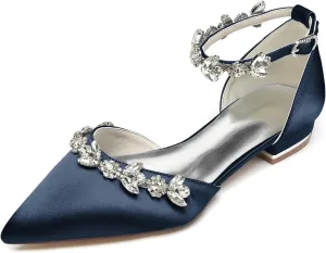 Pointed Toe Satin Wedding Flats for Bride Comfortable Rhinestones White Wedding Shoes Low Heels Bridal Flats Evening Prom Party Dress Shoes Pumps for Women