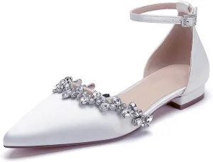 Pointed Toe Satin Wedding Flats for Bride Comfortable Rhinestones White Wedding Shoes Low Heels Bridal Flats Evening Prom Party Dress Shoes Pumps for Women