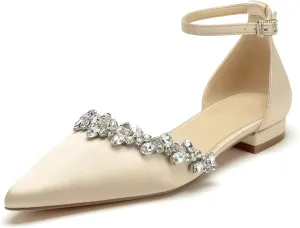 Pointed Toe Satin Wedding Flats for Bride Comfortable Rhinestones White Wedding Shoes Low Heels Bridal Flats Evening Prom Party Dress Shoes Pumps for Women
