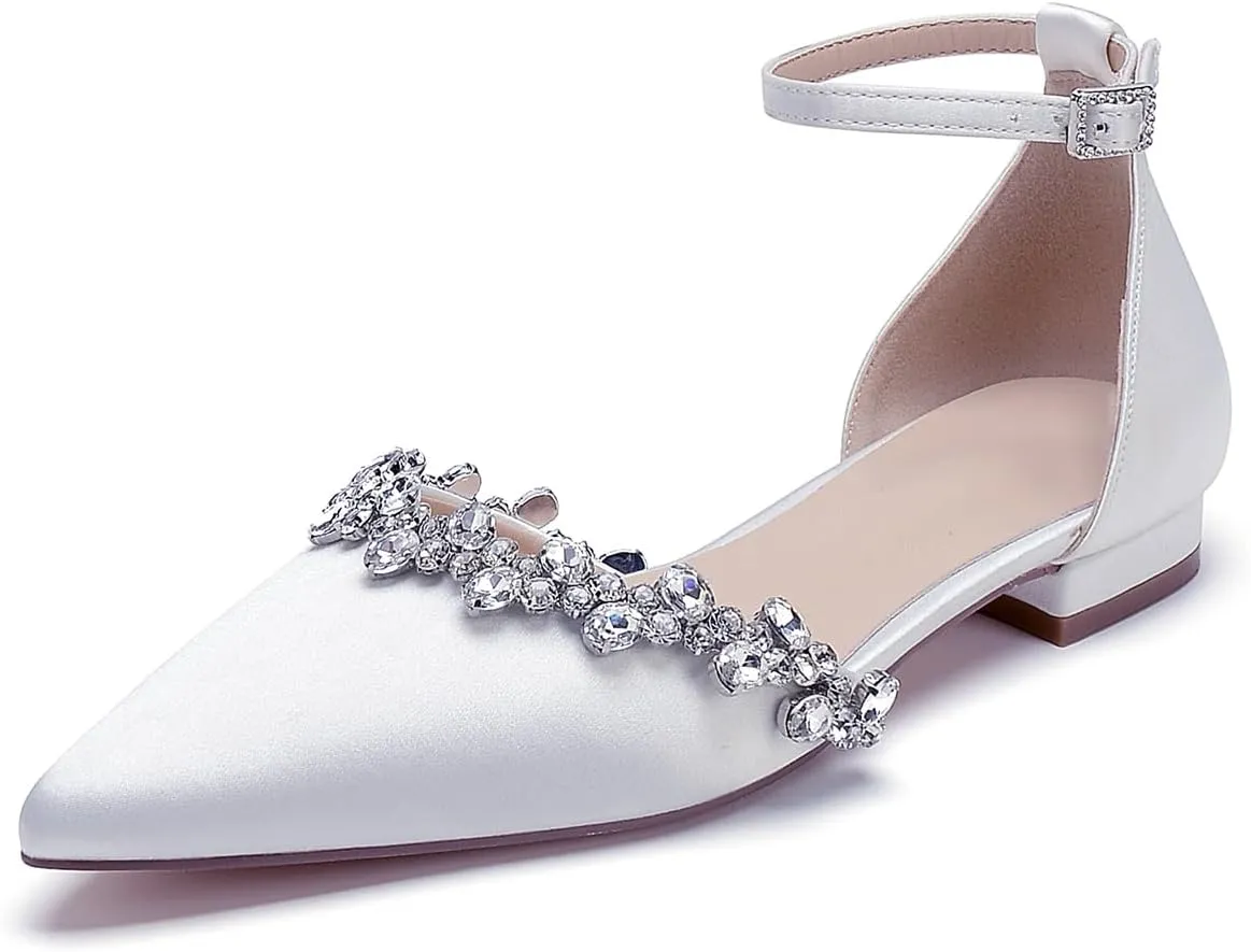 Pointed Toe Satin Wedding Flats for Bride Comfortable Rhinestones White Wedding Shoes Low Heels Bridal Flats Evening Prom Party Dress Shoes Pumps for Women