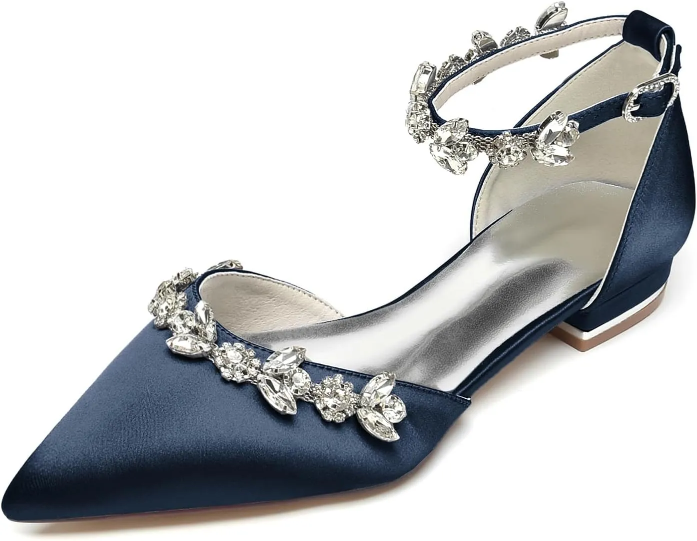 Pointed Toe Satin Wedding Flats for Bride Comfortable Rhinestones White Wedding Shoes Low Heels Bridal Flats Evening Prom Party Dress Shoes Pumps for Women