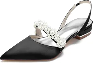 Pointed Women's Satin Pearl Wedding Flats Slingback Flats For Bride Prom Evening Bridal Party Dress Flats