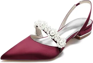 Pointed Women's Satin Pearl Wedding Flats Slingback Flats For Bride Prom Evening Bridal Party Dress Flats